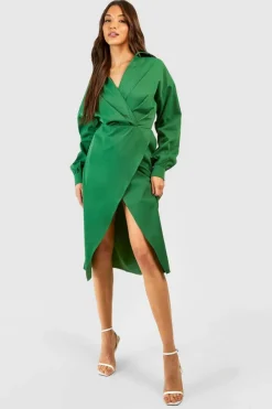 Shirt Dresses|Wrap Dresses*boohoo Wrap Midi Shirt Dress green