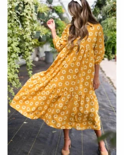 Midi Dresses*Azura Exchange Flower Print Bracelet Sleeve Buttons Collared Maxi Dress Yellow