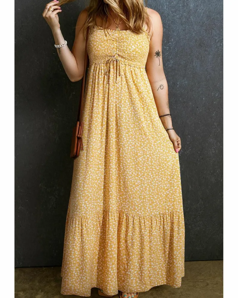 Smock Dresses*Azura Exchange Frilly Smocked High Waist Floral Maxi Dress Yellow