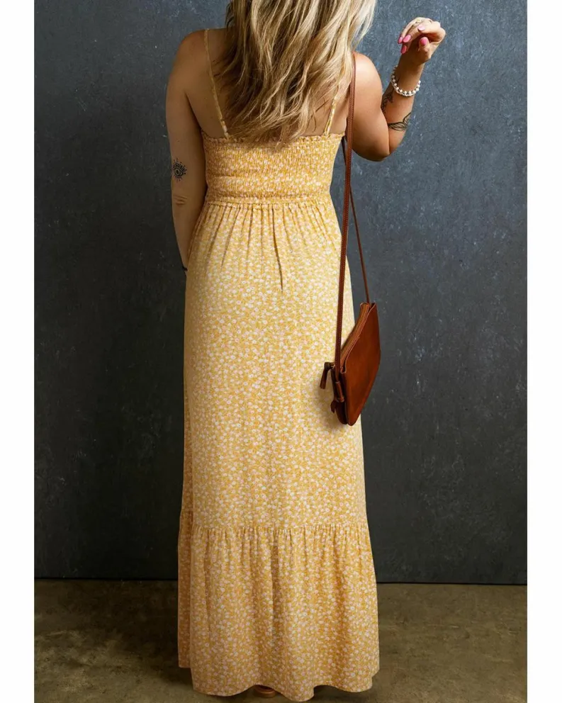 Smock Dresses*Azura Exchange Frilly Smocked High Waist Floral Maxi Dress Yellow