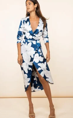 Wrap Dresses|Midi Dresses*Dancing Leopard Yondal Floral Print Wrap Front Midi Dress V-Neck Tie Waist Outfit Navy