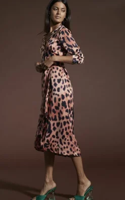 Wrap Dresses|Midi Dresses*Dancing Leopard Yondal Leopard Print Wrap Front Midi Dress V-Neck Tie Waist Outfit Orange