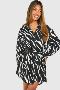 Shirt Dresses|Mini Dresses*boohoo Zebra Batwing Belted Shirt Dress black