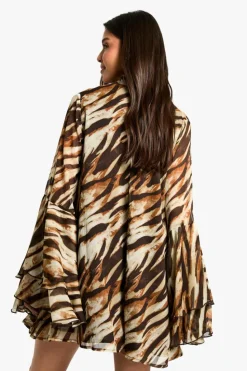 Smock Dresses|Mini Dresses*boohoo Zebra Flare Sleeve Chiffon Smock Dress brown