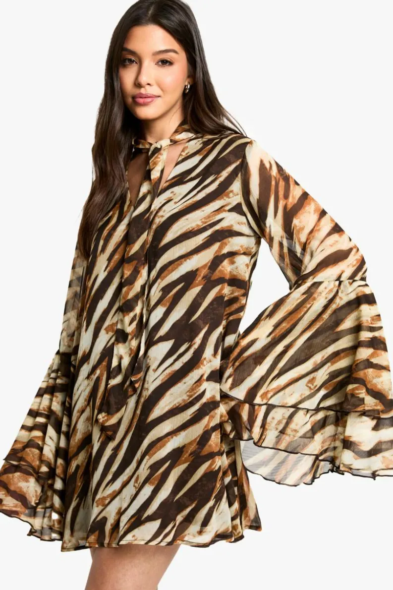 Smock Dresses|Mini Dresses*boohoo Zebra Flare Sleeve Chiffon Smock Dress brown
