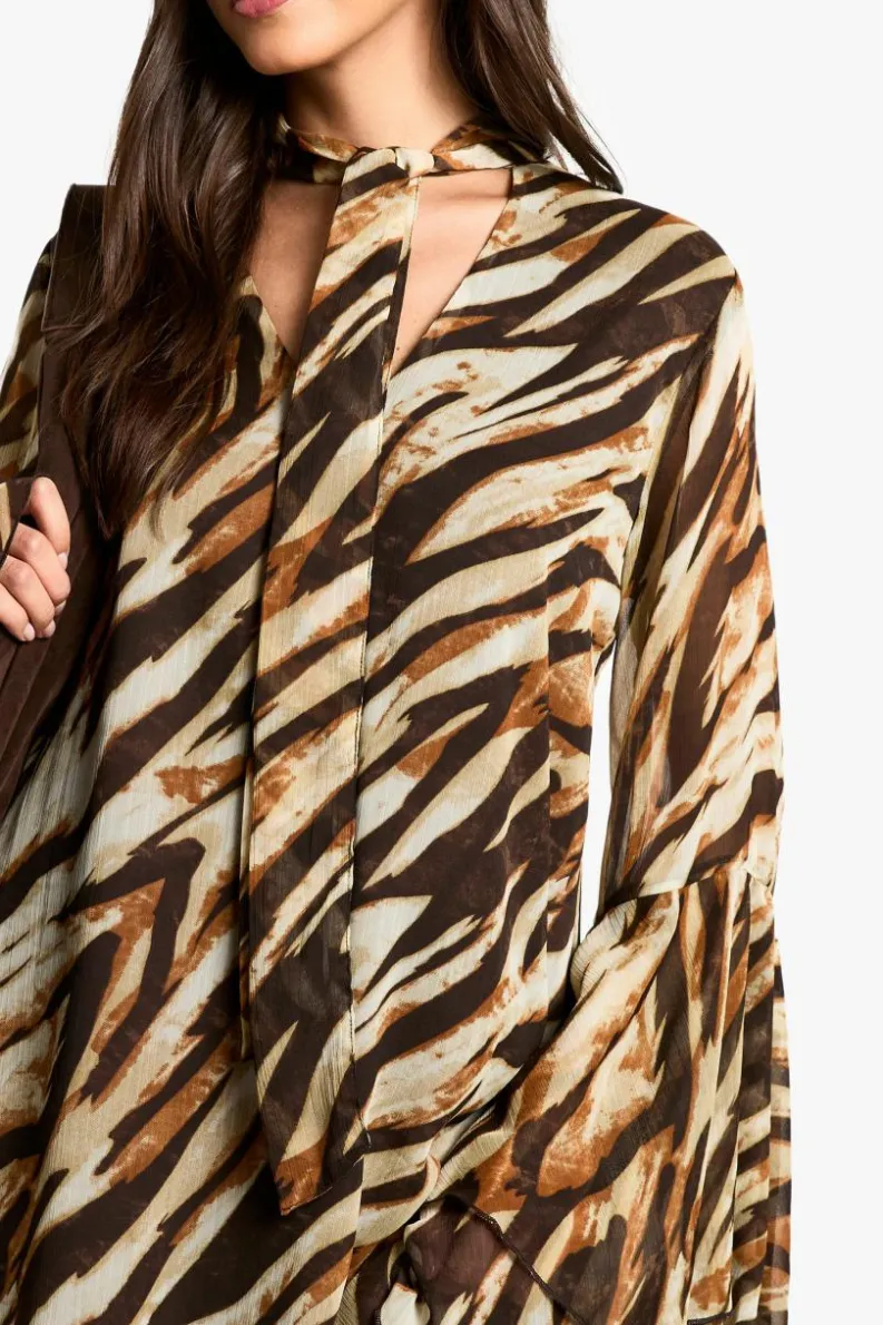 Smock Dresses|Mini Dresses*boohoo Zebra Flare Sleeve Chiffon Smock Dress brown