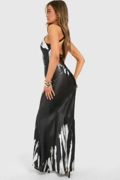 Maxi Dresses*boohoo Zebra Print Tie Back Ruffle Hem Maxi Dress black