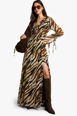 Maxi Dresses|Long Sleeve Dresses*boohoo Zebra Ruffle Tie Sleeve Belted Chiffon Maxi Dress brown