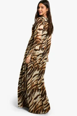Maxi Dresses|Long Sleeve Dresses*boohoo Zebra Ruffle Tie Sleeve Belted Chiffon Maxi Dress brown