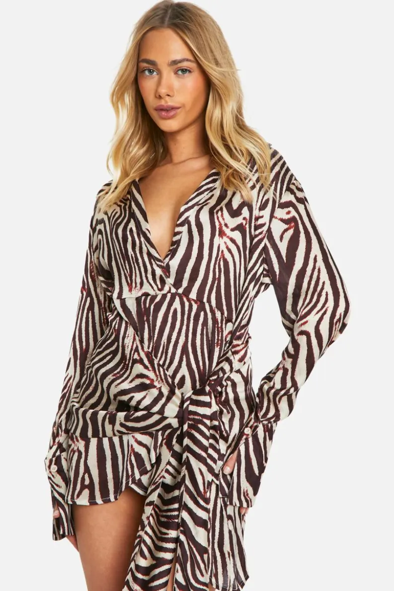 Shirt Dresses|Wrap Dresses*boohoo Zebra Satin Wrap Skirt Shirt Dress brown