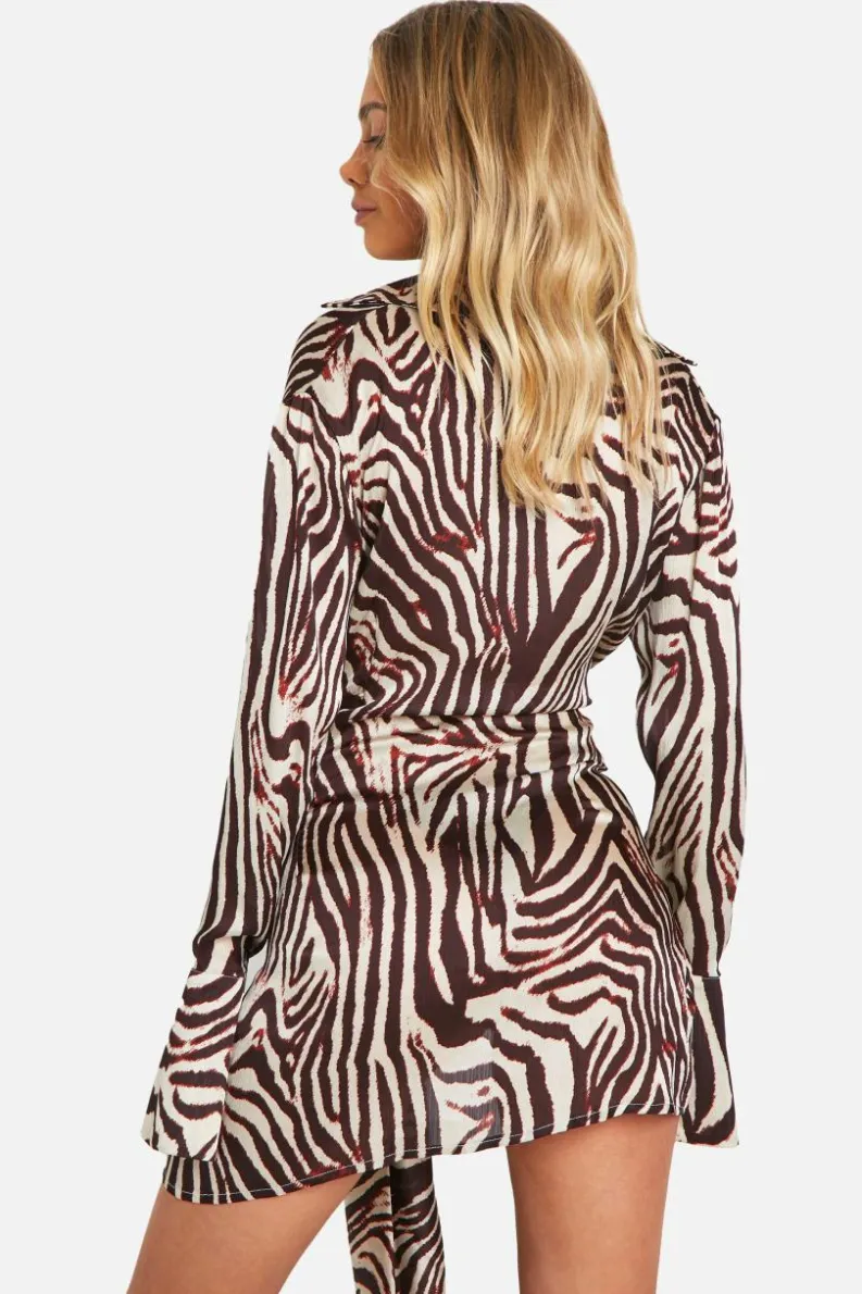 Shirt Dresses|Wrap Dresses*boohoo Zebra Satin Wrap Skirt Shirt Dress brown