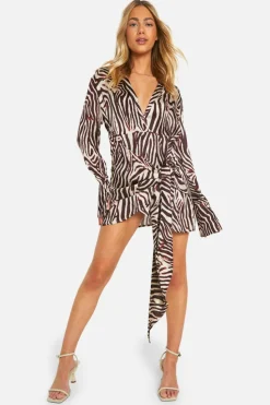 Shirt Dresses|Wrap Dresses*boohoo Zebra Satin Wrap Skirt Shirt Dress brown