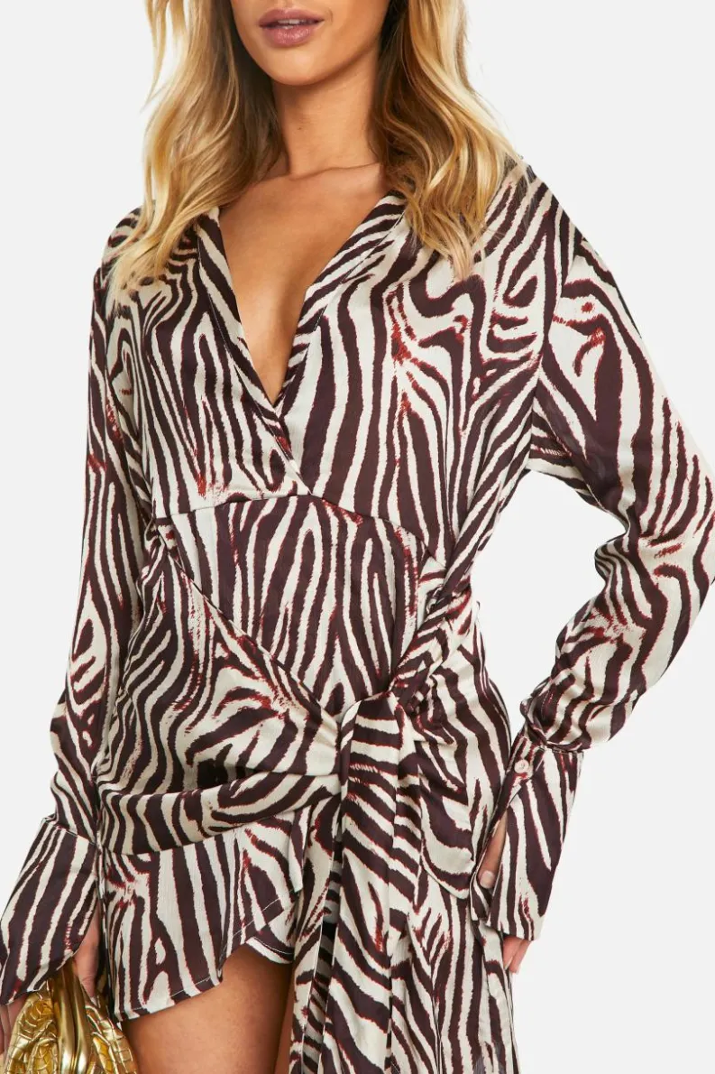 Shirt Dresses|Wrap Dresses*boohoo Zebra Satin Wrap Skirt Shirt Dress brown