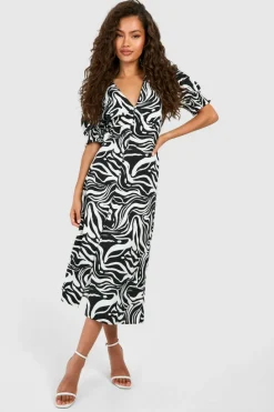 Midi Dresses*boohoo Zebra Shirred Cuff Midi Dress black
