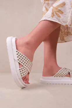 Sandals*Where's That From Zenith' Flat Sandals With Cross Over Pressed Studs Straps White