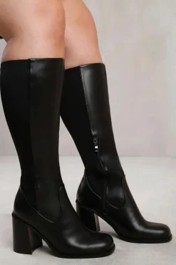 Heeled Boots*Where's That From Zhuri' Stretch Wide Calf Block Heel Knee High Boots Black