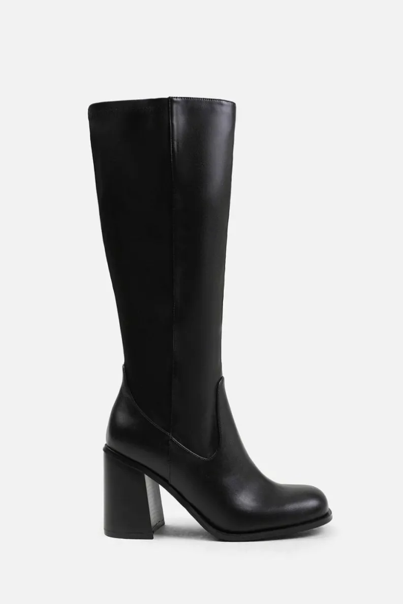 Heeled Boots*Where's That From Zhuri' Stretch Wide Calf Block Heel Knee High Boots Black