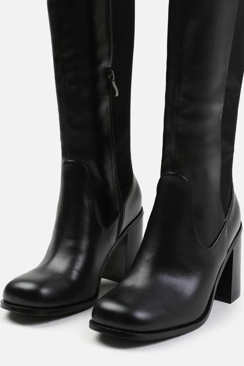 Heeled Boots*Where's That From Zhuri' Stretch Wide Calf Block Heel Knee High Boots Black