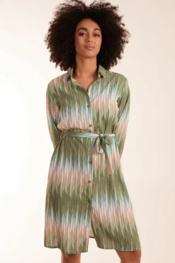 Shirt Dresses*Blue Vanilla Zig Zag Print Shirt Dress Khaki