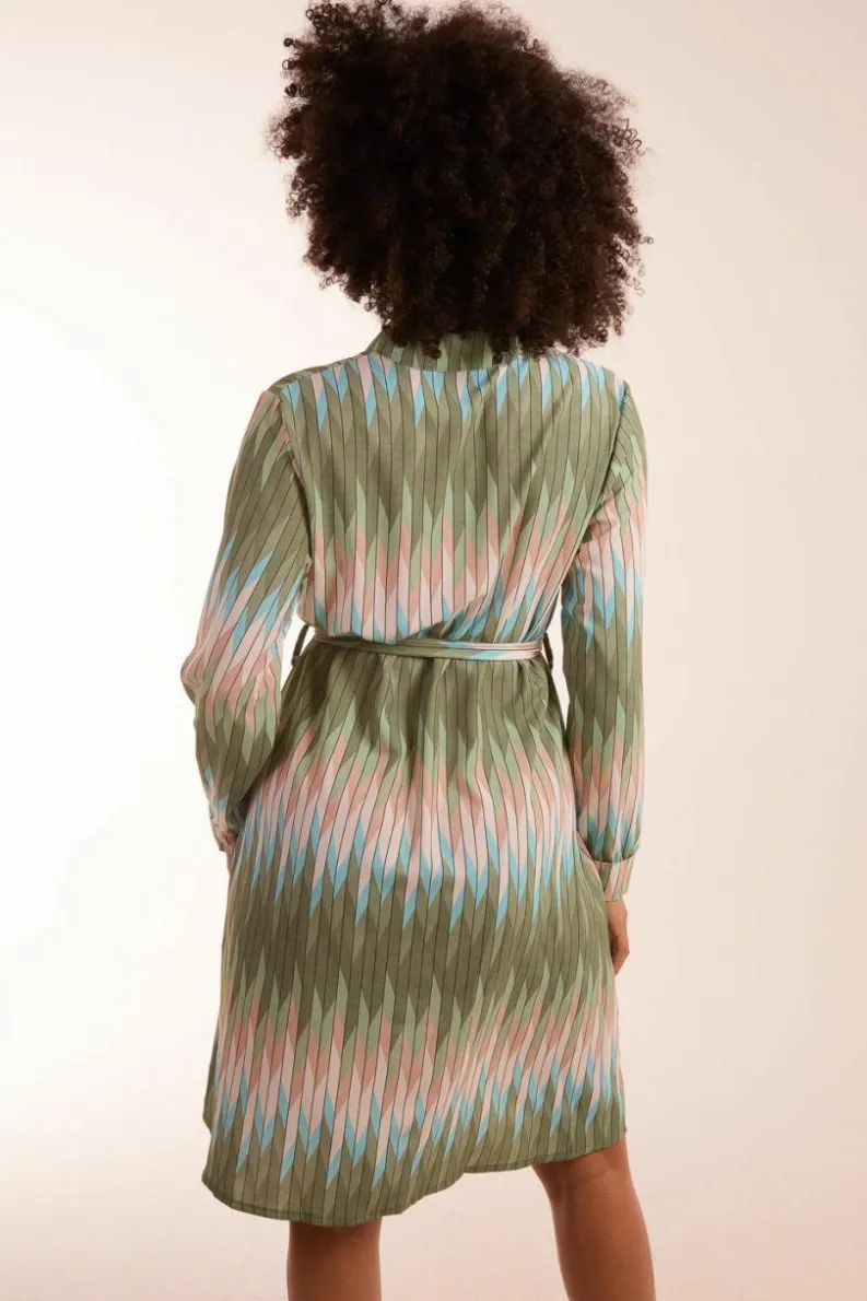 Shirt Dresses*Blue Vanilla Zig Zag Print Shirt Dress Khaki