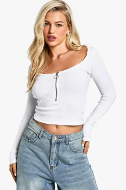 Long Sleeve Tops|Tops*boohoo Zip Front Rib Long Sleeve Top white