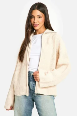 Cardigans*boohoo Zip Through Chunky Knitted Cardigan stone