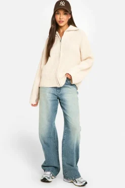 Cardigans*boohoo Zip Through Chunky Knitted Cardigan stone