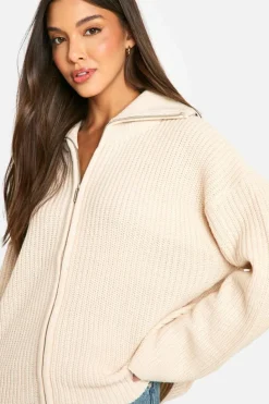 Cardigans*boohoo Zip Through Chunky Knitted Cardigan stone