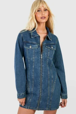 Shirt Dresses*boohoo Zip Through Denim Mini Shirt Dress vintage wash