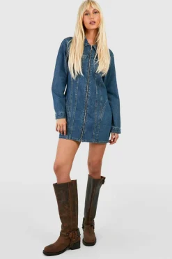 Shirt Dresses*boohoo Zip Through Denim Mini Shirt Dress vintage wash
